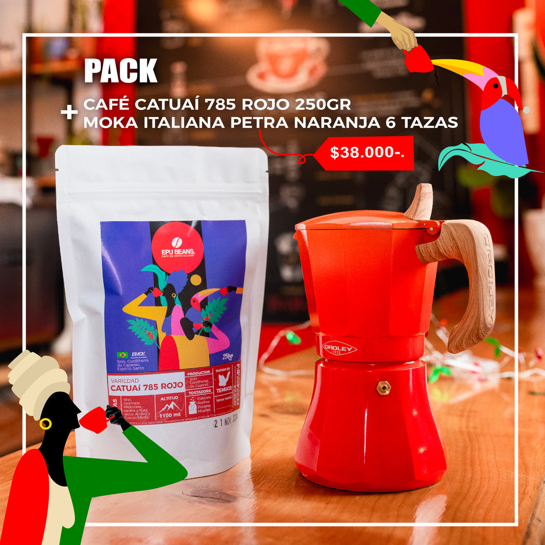 Pack Cafetera Italiana Petra Naranja 6 Tazas + Catucaí 785 Rojo 250 gr